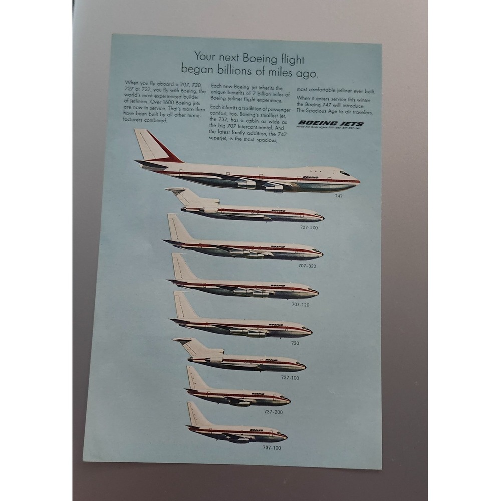 Nostalgic‎ Vintage 1969 Print Ad Advertisement Boeing 737 727 707 720 747 Jets